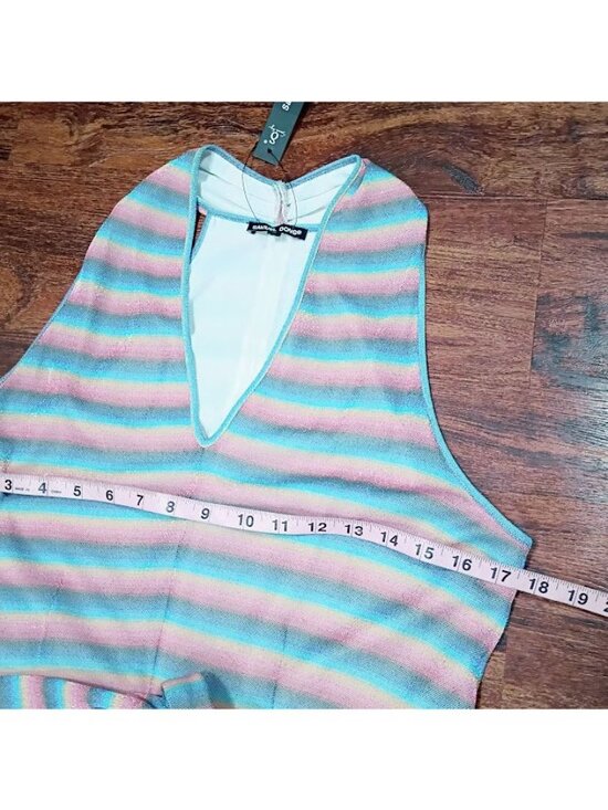 Samuel Dong Size M/L Striped Halter Midi Dress Handkerchief Hem & Metallic Sheen - Picture 7 of 15